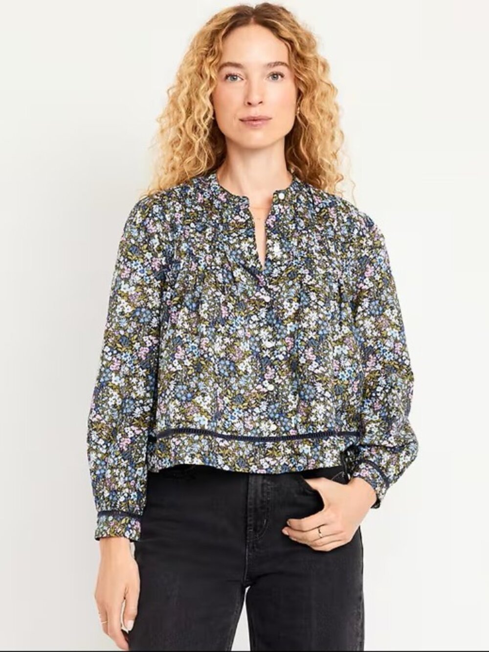 Old Navy Floral Pintuck Cropped Button Down Blouse M Boho